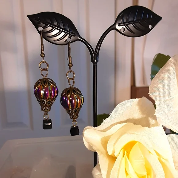 Handmade Bronze Hot Air Balloon Earrings Rainbow Finish Pierced - Picture 1 of 4